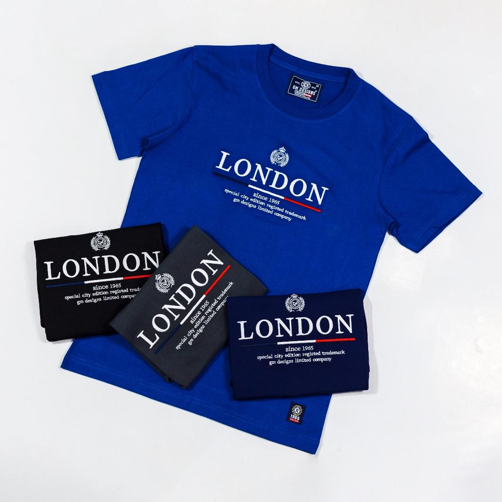 GM DESIGNS - เสื้อยืดคอกลมชาย ปักไหมหน้า LonDon ผ้าคอตตอน นุ่มสบาย ผู้ชายและผู้หญิง GM2628/1