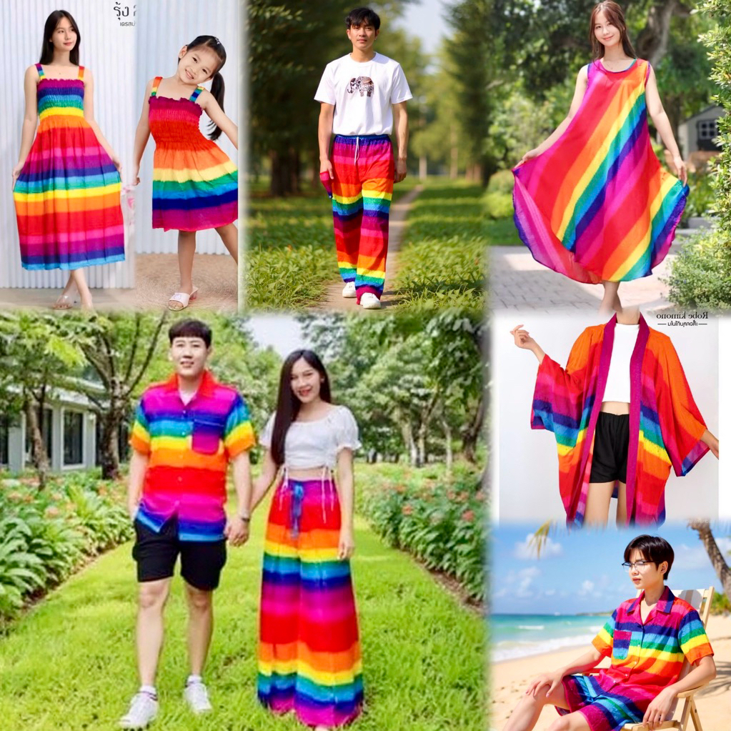 ร้านค้าส่งไว เซ็ตคู่รัก สายรุ้ง สดใส สุดปัง เสื้อฮาวาย กางเกง4สาย สาวอวบใส่สบาย พร้อมส่งจากไทย