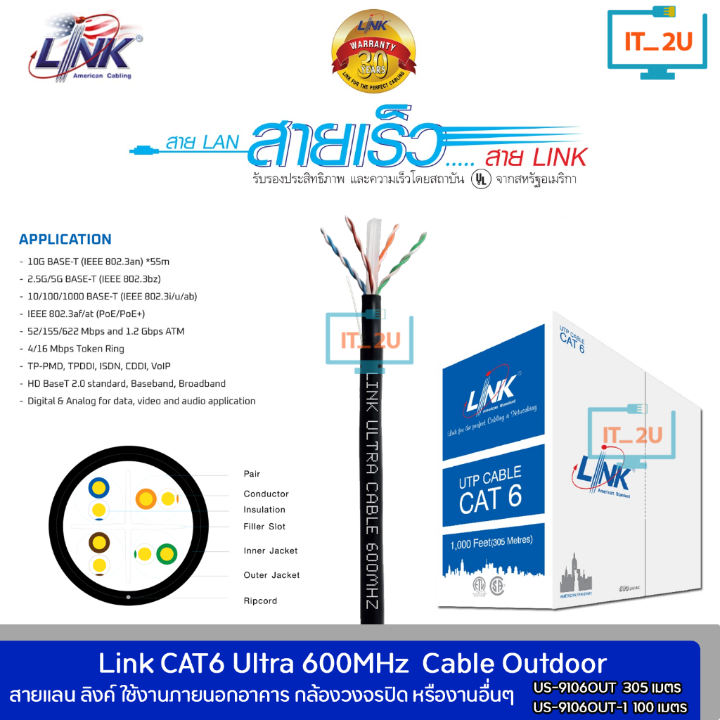 Link US-9106OUT/US-9106OUT-1 Cable lan Cat6 Ultra PE OUTDOOR 600Mhz 23AWG สายแลนภายนอกเปลือกหุ้ม 2 ช