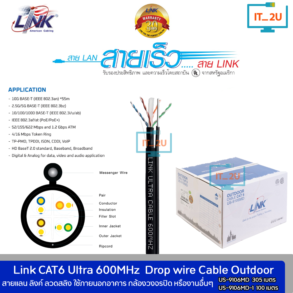 Link US-9106MD/US-9106MD-1 Cable Lan Cat6 Ultra 600Mhz PE Outdoor 23AWG 100M/305M สายแลนภายนอกเปลือก