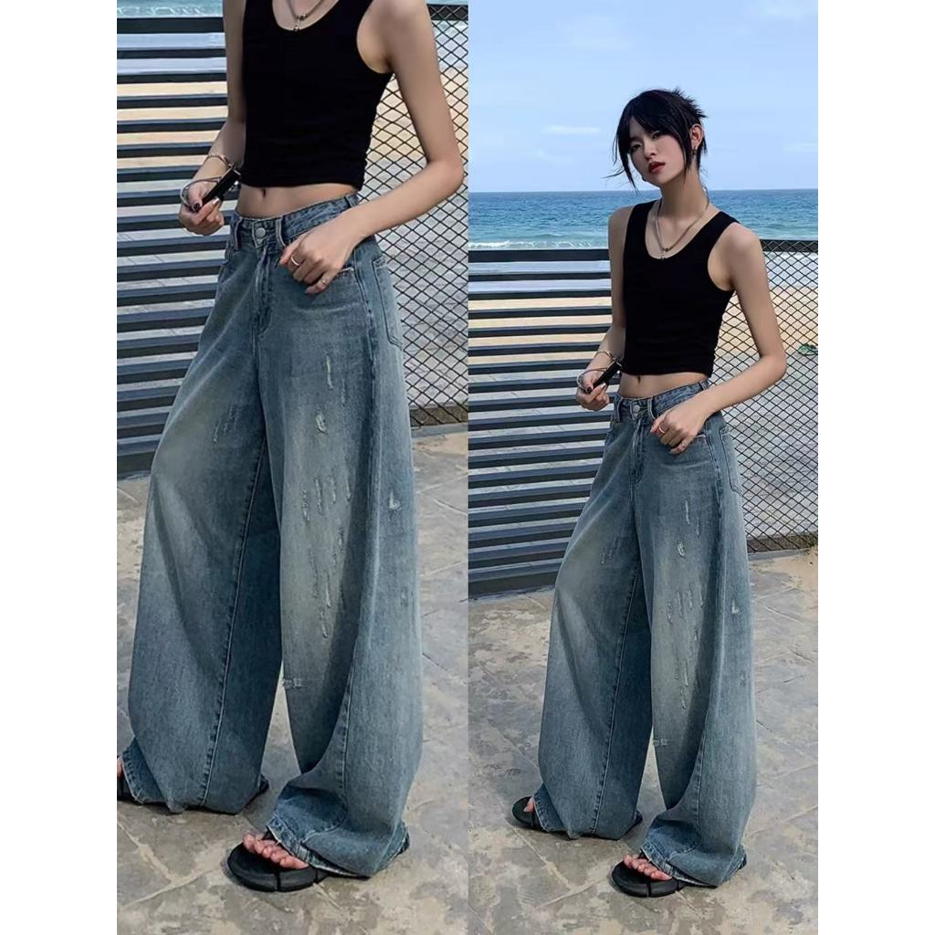เทรนด์วินเทจถนน,กางเกงยีนส์เอวสูงหักออกแบบ,สาวเย็นกางเกงยีนส์หลวม,แฟชั่นร้อยชุด Moonlite.th