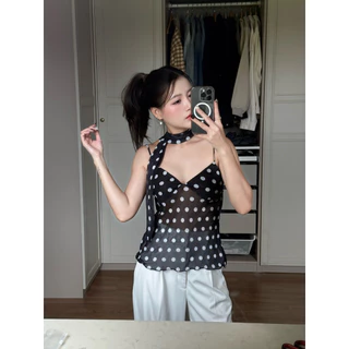 M133- เสื้อสายเดี่ยวตาข่ายลายจุด รุ่น “Dot Mesh” แถมผ้าผูกคอ