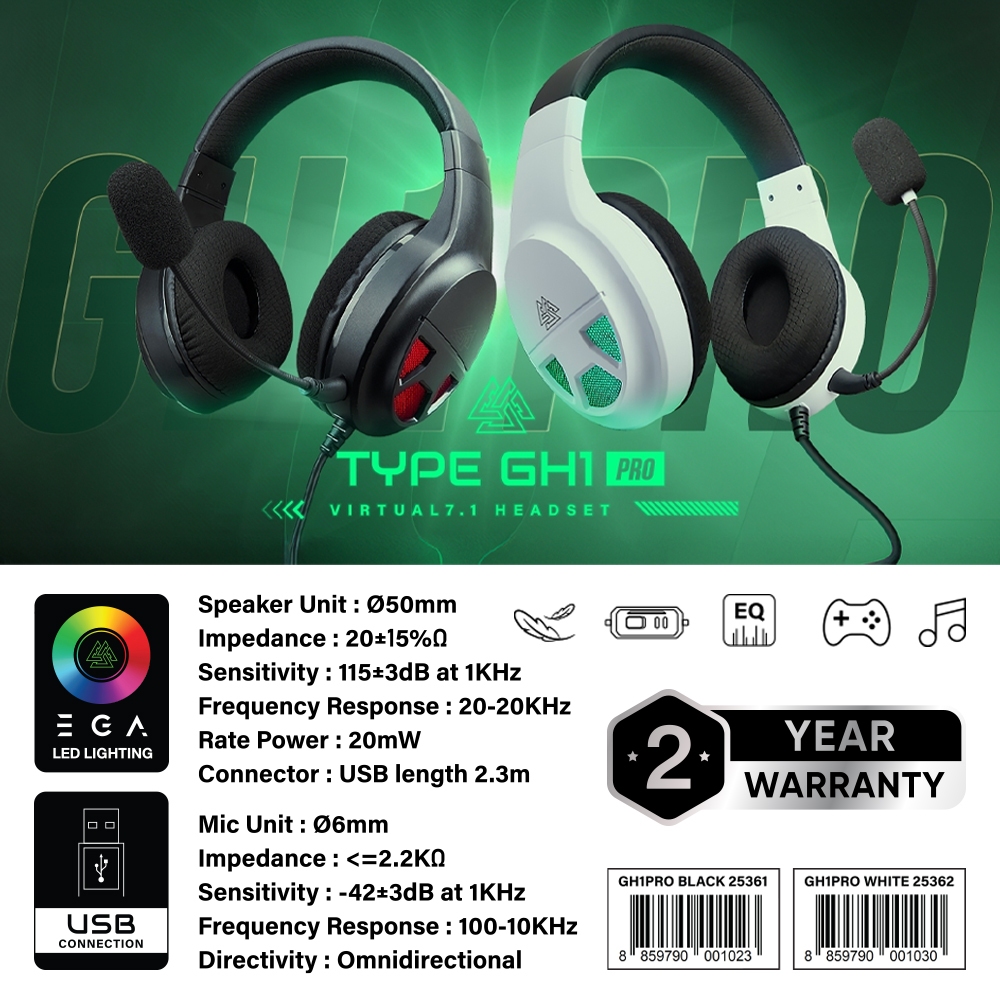 หูฟังเกมมิ่ง EGA รุ่น TYPE GH1/GH 2/GH3 PRO 7.1 VIRTUAL SURROUND SOUND ไฟ RGB ฟองน้ำนุ่ม