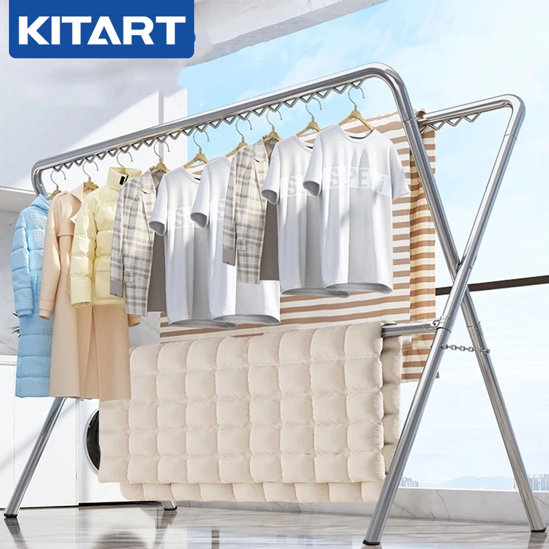 KITART ราวตากผ้า พร้อมตะขอกันลม ราวตากผ้าพับได้ ความยาว 200ซม 4ราว ที่ตากผ้าแบบพับได้ มั่นคง