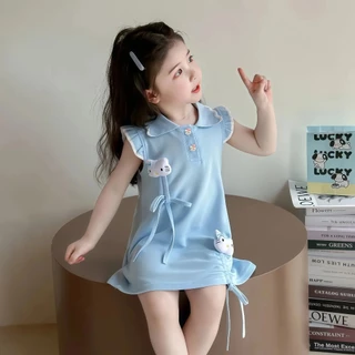 PRINCESS KESLI สาวแต่งตัว แขนพอง ฤดูร้อนสไตล์ใหม่ชุดเจ้าหญิงเด็กการ์ตูนหมีกระโหลกสไตล์โปโลชุดคอปก 2-11 ปี
