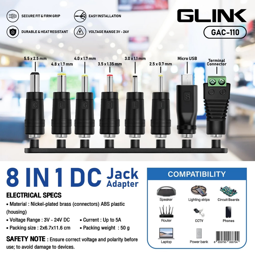 Glink GAC-110 DC Jack Adapter 8 in 1 ชุดแจ็คแปลงหัว DC Adapter 5.5*2.5 เป็นหัวต่างๆ