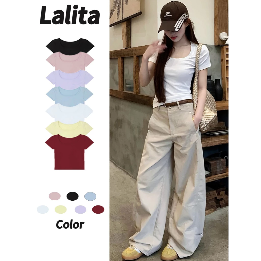 Lalita พร้อมส่ง🌸 เสื้อยืดผู้หญิง แฟชั่น สีพื้น ลำลอง แขนสั้น ใช้งานได้หลากหลาย สไตล์เกาหลี