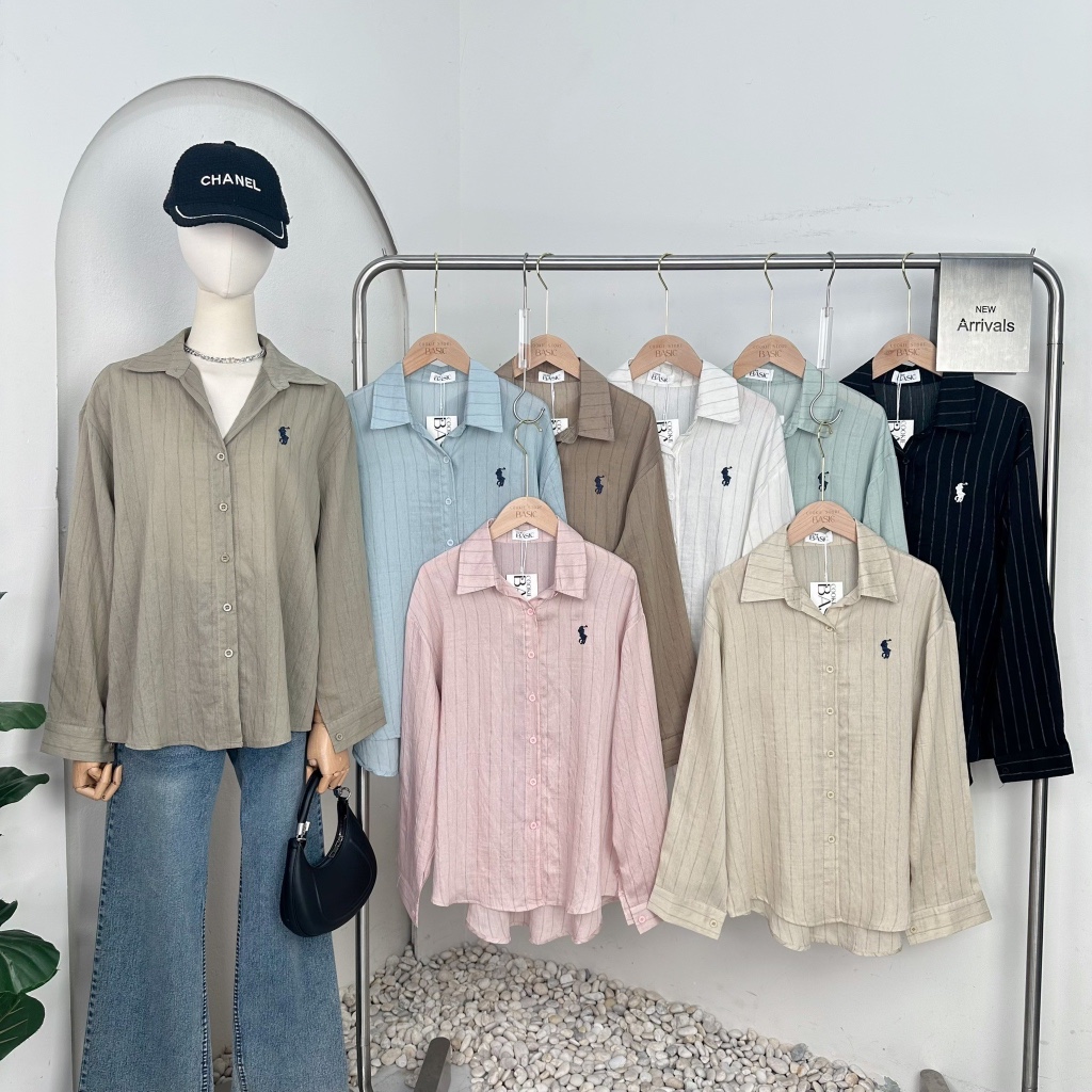 Mook_shop เสื้อเชิ้ตแขนยาวลายริ้วผ้าลินิน เสื้อผ้าแฟชั่น เสื้อผ้าผู้หญิง