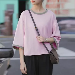 เสื้อครอปสาวอวบอ้วนไซส์ใหญ่ สีพื้น oversize เสื้อผ้าแฟชั่นวัยรุ่นน่ารัก เสื้อยืดสวยๆผู้หญิงฤดูร้อนใหม่ แขนห้าส่วน สีทู