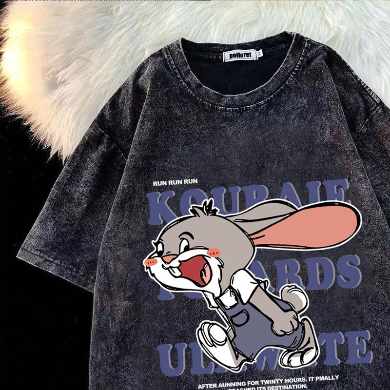 เสื้อฟอกวินเทจผู้หญิงแฟชั่นมาใหม่ ผ้าคอตตอน 100% oversize เสื้อผ้าคนอ้วนไซส์ใหญ่ เสื้อโอเวอร์ไซส์สไตล์เกาหลี ลายการ์ตูน