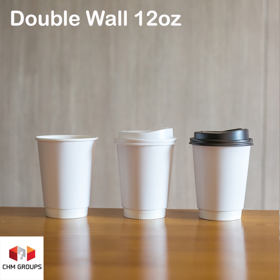 CHM-DW12W-050] แก้วกระดาษ Double Wall ขนาด 12 oz (DW12) สีขาว บรรจุ 50 ชุด มีตัวเลือกฝาด้านใน