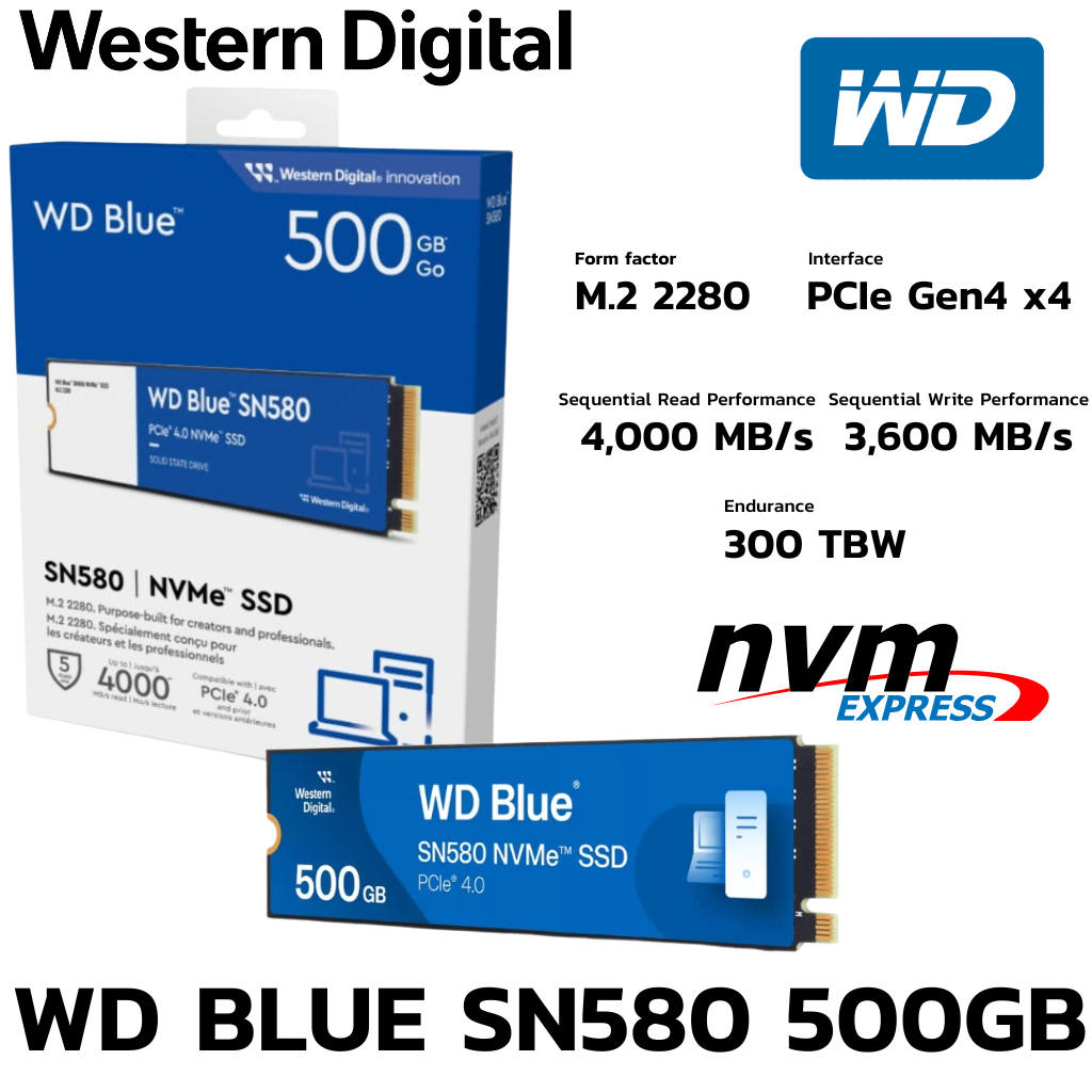 M.2 500 GB SSD (เอสเอสดี) WD BLUE SN580 - PCIe 4x4/NVMe M.2 2280 (WDS500G3B0E)