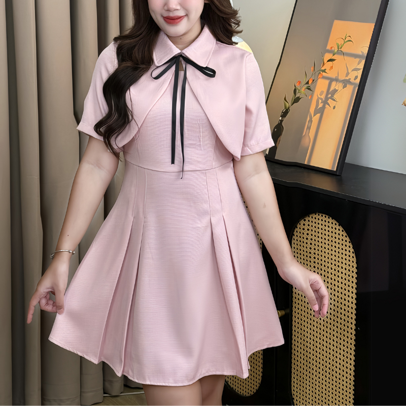 🧚🏼‍♀️S-5XL🧚🏼‍♀️ ชุดเดรสผู้หญิง เดรส สไตล์เกาหลี ชุดออกงาน แขนสั้นมีปก ผูกโบว์เรียบหรู ใส่ทำงาน ออกงาน ได้ทุกโอกาส