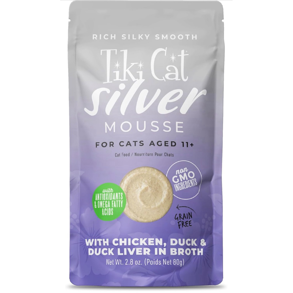 📦 1 แพ็ค 12 ซอง(80 G) อหแมวสูงวัยเนื้อมูส สูตรไก่เป็ดตับเป็ด ในน้ำซุป Tiki Cat® Silver™ Mousse Wet C