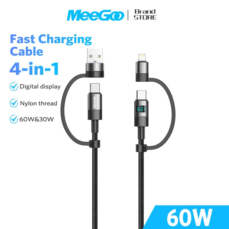 MEEGOO 4 in 1 สายชาร์จเร็ว 2 หัว 30W 60W สลับ 4 โหมด Fast Charging Universal พร้อม type c micro ip