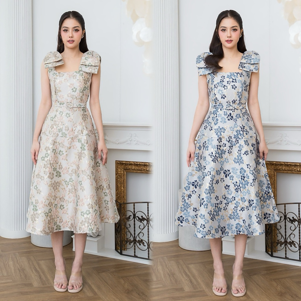 M9 Luxe Dress ชุดเดรสยาวไหล่แต่งโบว์ผ้าพรีเมียมแจ็คการ์ดทอลายสวยคมชัดผสมดิ้นทอง สำหรับผู้หญิง เสื้อผ้าผู้หญิง ไซส์ S-XL