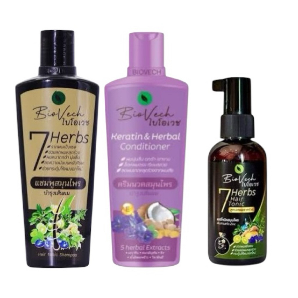 Biovech ไบโอเวช แชมพูสมุนไพร 7 Herbs 225ml / ครีมนวด 225ml / โทนิค 100ml