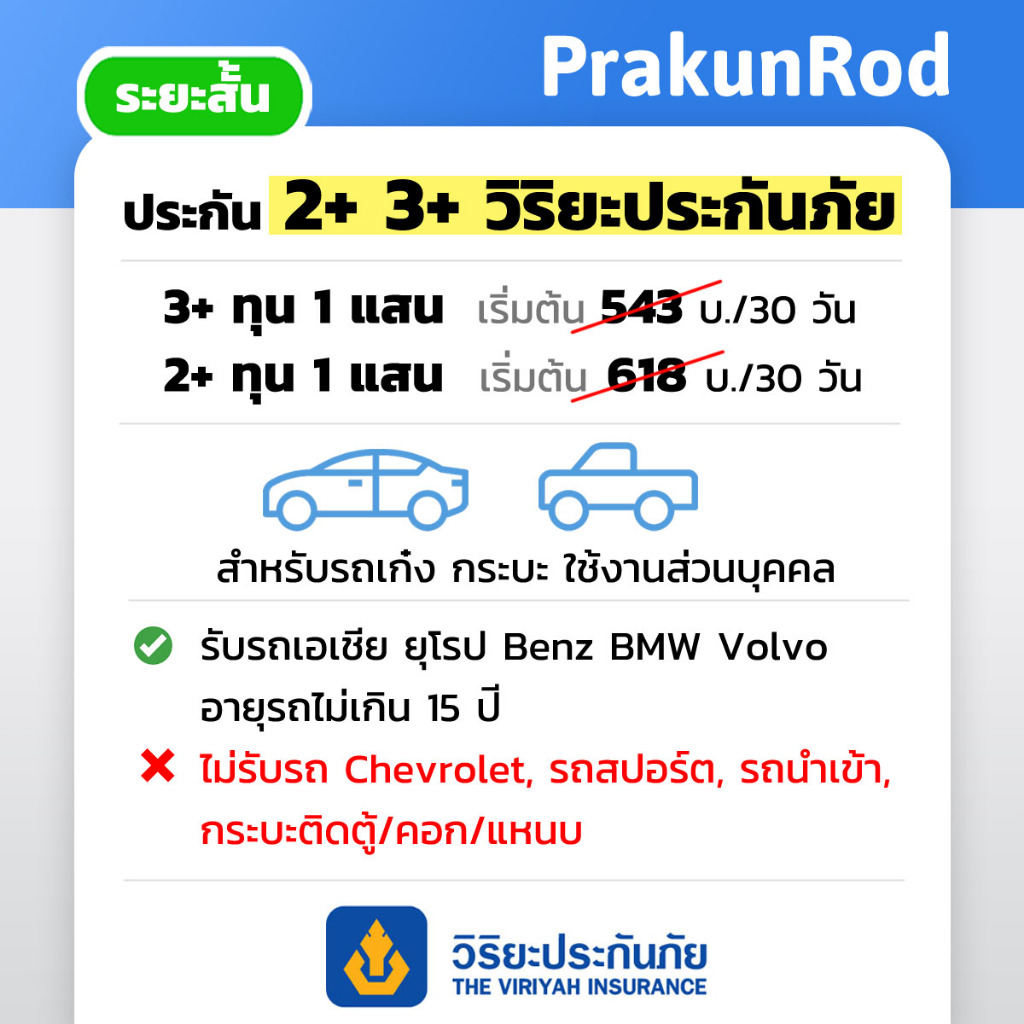 📅🚗 [รายเดือน 30 วัน] ประกัน 2+ 3+ Viriyah คุ้มครอง 30 วัน สำหรับรถเก๋ง กระบะ (ไม่ต่อเติมตู้ คอก โครง) (ใช้งานส่วนบุคคล)