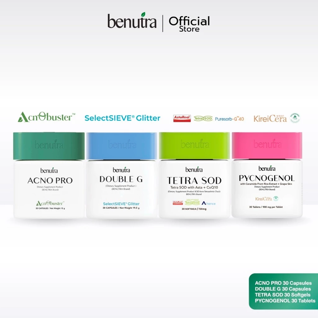 (วิตามินผิว 4 กระปุก) Benutra Acno Pro + TetraSOD Pro + Pycnogeonol + Double G