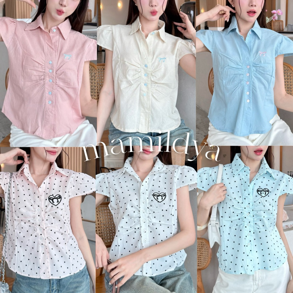 มีเชือกผูกด้านหลัง 🌟Mamildya.shop🌟 เสื้อคอปกกระดุมหน้า แต่งจั้มตรวกลาง งานปักโบว์/ N1-4-N2-3/PROD-ผูกยาว⚫