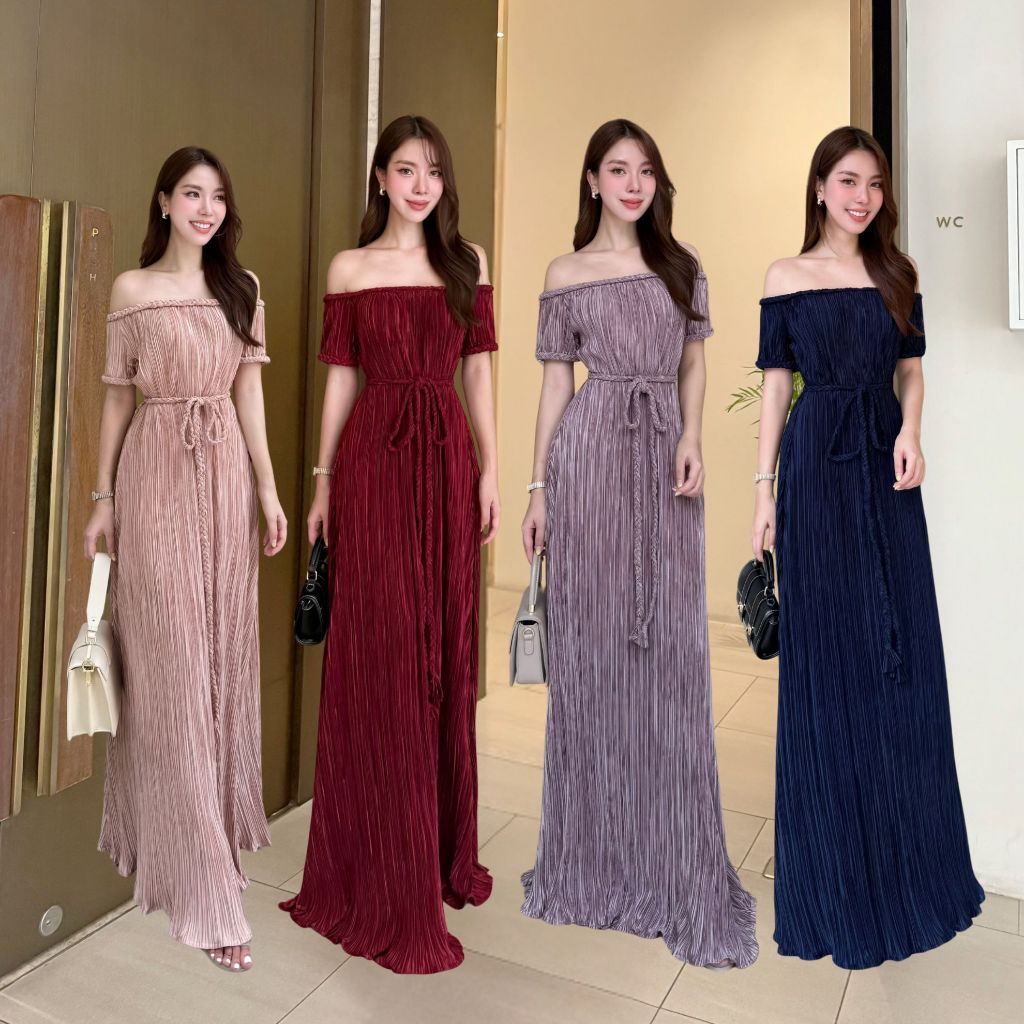 NOOZZSHOP 6511594 เดรสยาวปาดไหล่ผูกเอว ชุดไปงาน