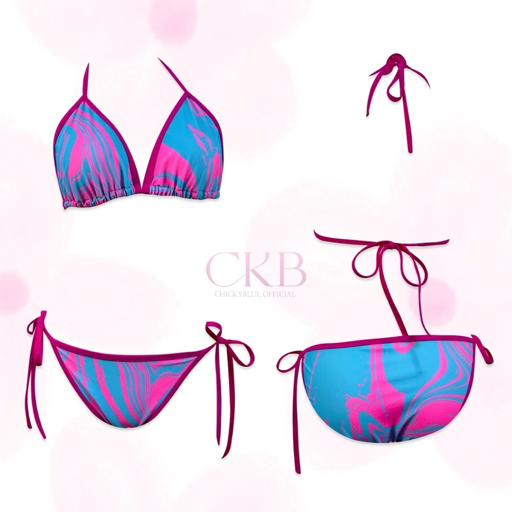 CKB005💥บิกินี่💥ชุดว่ายน้ำปิดก้นมีฟองน้ำผ้าลาย