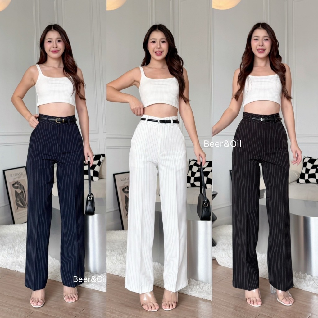 L0012  Beer&Oil กางเกงขายาวเอวสูง ผ้าไมโครลายริ้ว งานตะขอหน้าขาตรง ซิปหน้า แต่งดีไซน์หูเข็มขัด