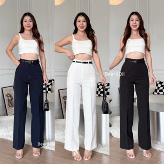 L0012  Beer&Oil กางเกงขายาวเอวสูง ผ้าไมโครลายริ้ว งานตะขอหน้…