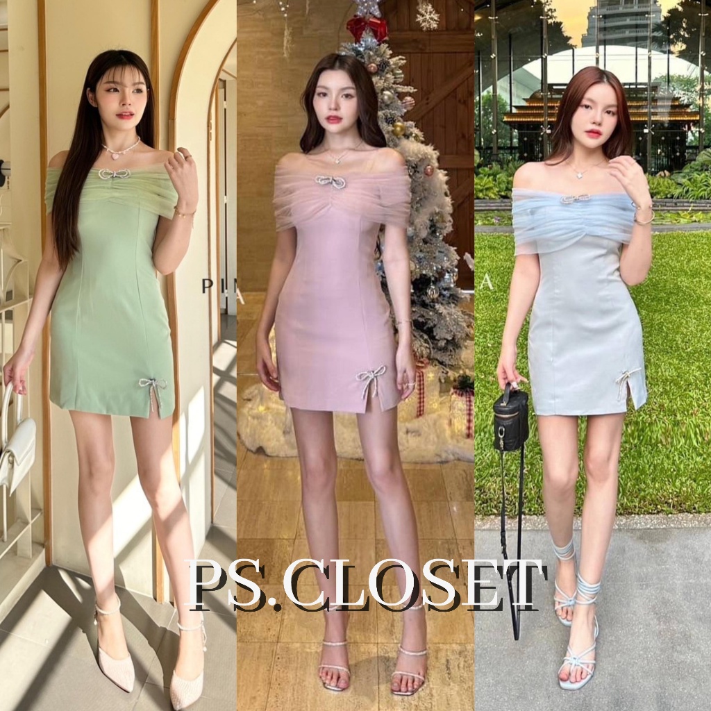 ❣️พร้อมส่ง📌 Pimala เดรสเปิดไหล่ แต่งโบว์เพชร ชมพู ฟ้า เขียว ไปงานแต่ง เพื่อนเจ้าสาว ออกงาน PS.CLOSET