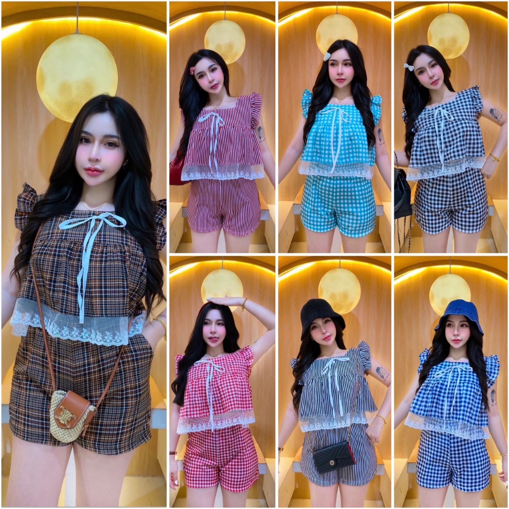 R39 ชุดเซ็ตกางเกงขาสั้นเสื้อแต่งลูกไม้ ผ้าไหมอิตาลี