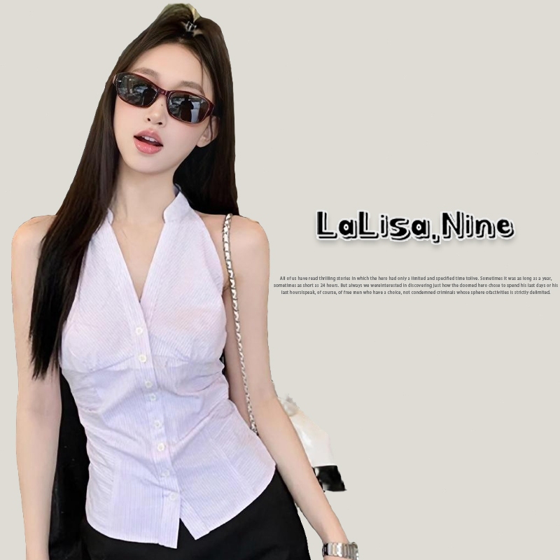Lalisa พร้อมส่ง🍒เสื้อเชิ้ตแขนกุด ลายริ้ว สไตล์ลําลอง ปกกระดุมหน้า โชว์ไหล่ เสื้อครอปทรงรัดรูป จับแมทซ์ได้ง่าย เข้ารูป