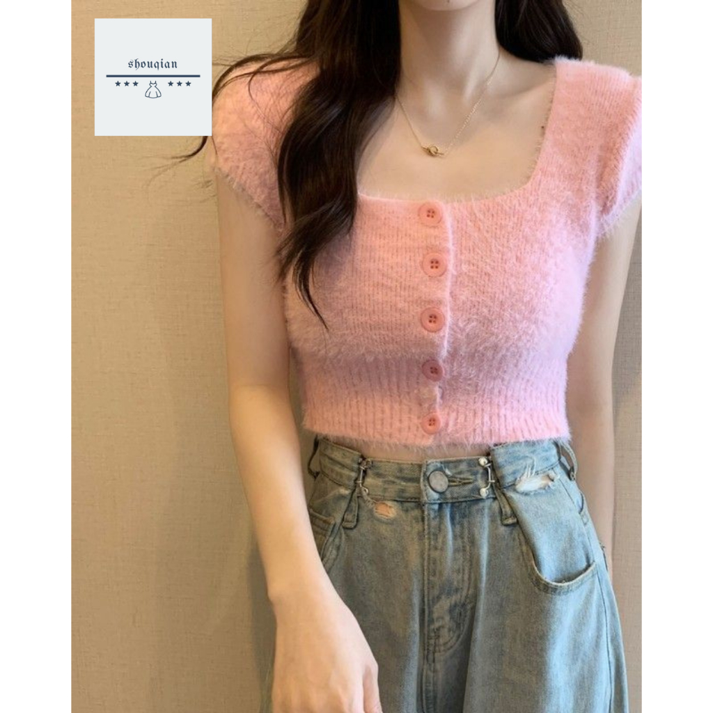 พร้อมส่งในไทย** เสื้อผ้าขนยาว เสื้อยืดแขนส้นผ้าไหมพรม มีกระดุมหน้า Y28