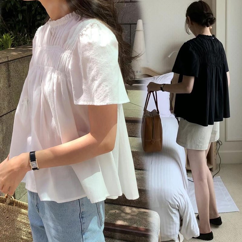 Dahong ⭐️W628 เสื้อเชิ้ตสีขาวผู้หญิงสไตล์เกาหลี ดีไซน์จีบ ทรงหลวม สไตล์ลูกพลับ คอกลม  แฟชั่น แขนสั้น  วัยรุ่น