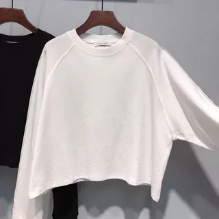 เสื้อครอปแขนยาวไซส์ใหญ่ สีพื้น oversize เสื้อผ้าสาวอวบมินิมอลทรงหลวมสไตล์เกาหลี เสื้อยืดสวยผู้หญิงแฟชั่นญี่ปุ่นมาใหม่