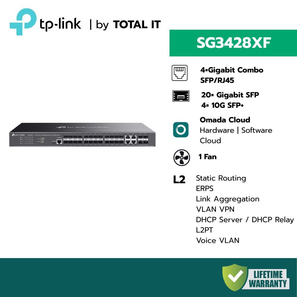 TP-Link SG3428XF | L2+ สวิตช์ 24 พอร์ต (20 SFP + 4 Combo) พร้อม 4-Port 10G Uplink ประกันศูนย์