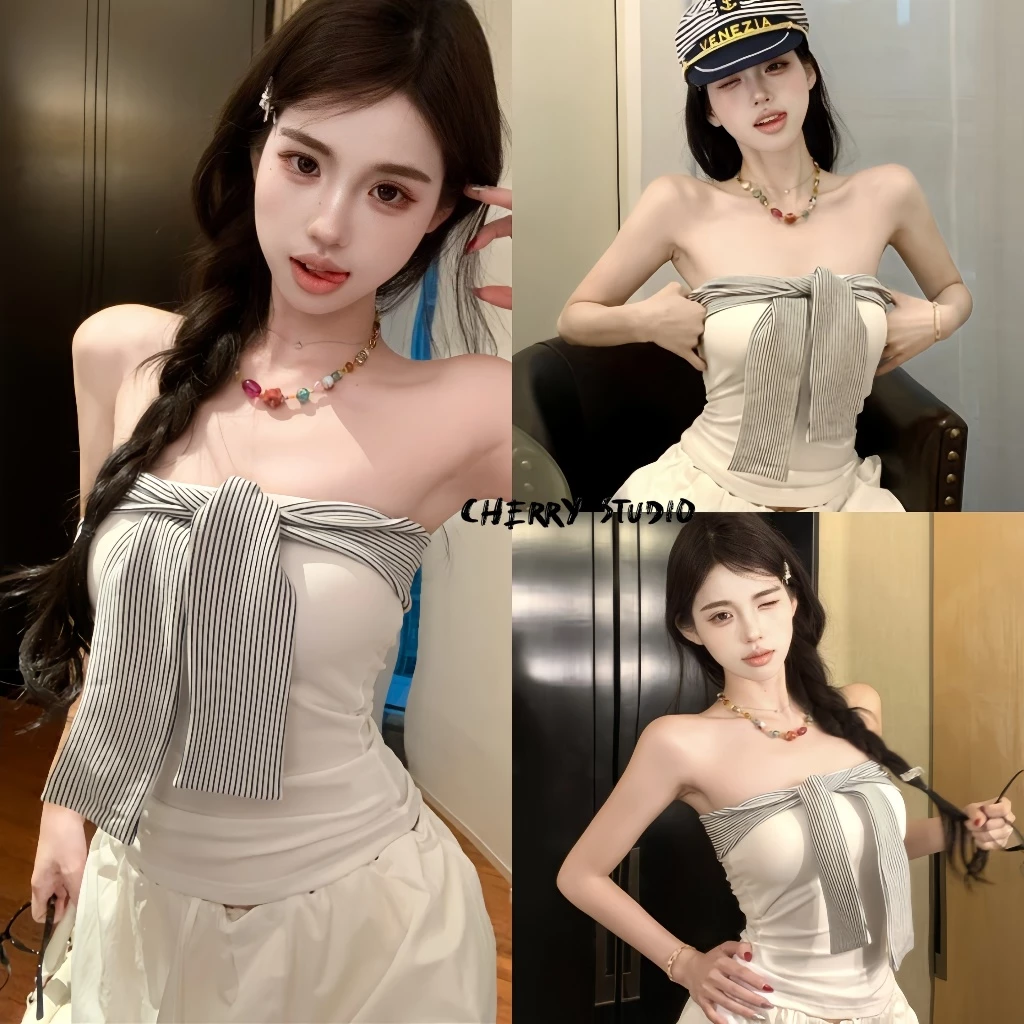 Cherry พร้อมส่ง☔️เสื้อเกาะอกผู้หญิง สีพื้น แขนกุด เสื้อครอปทรงรัดรูป ดีไซน์เชื่อกผูกหน้าอ เซ็กซี่แฟชั่นY2K สไตล์อเมริกัน