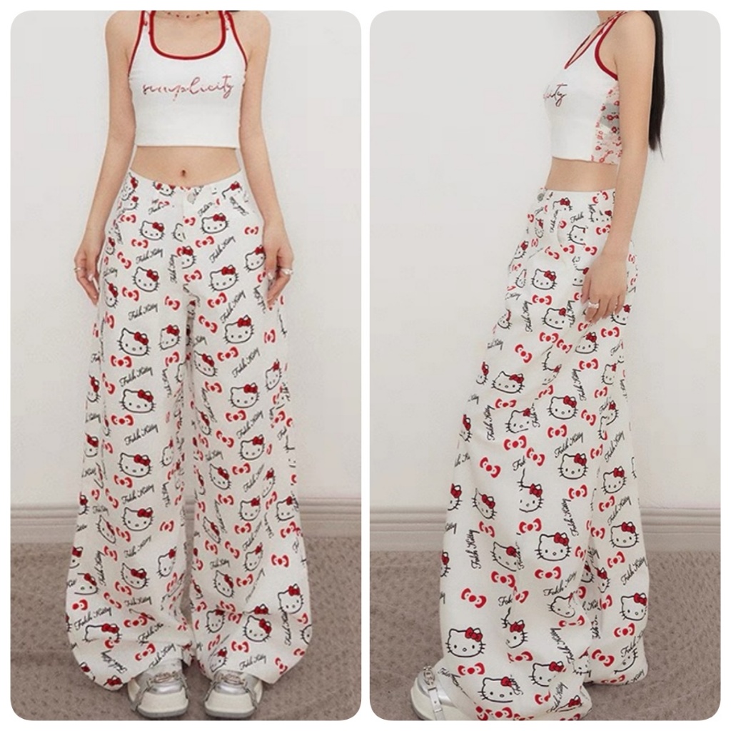 กางเกงผู้หญิงดีไซน์คิตตี้ ผ้าเดนิมใส่สบายและใช้งานได้หลากหลาย มีกระเป๋าและกระดุมที่เอว