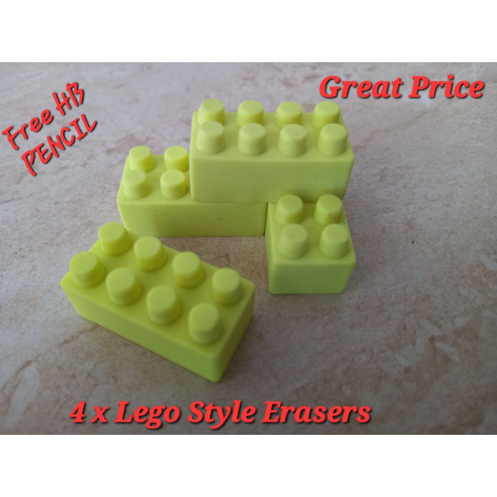4 x Lego Style Erasers includes a FREE HB PENCIL - CHILDRENS SCHOOL STATIONERY PARTY Great Price