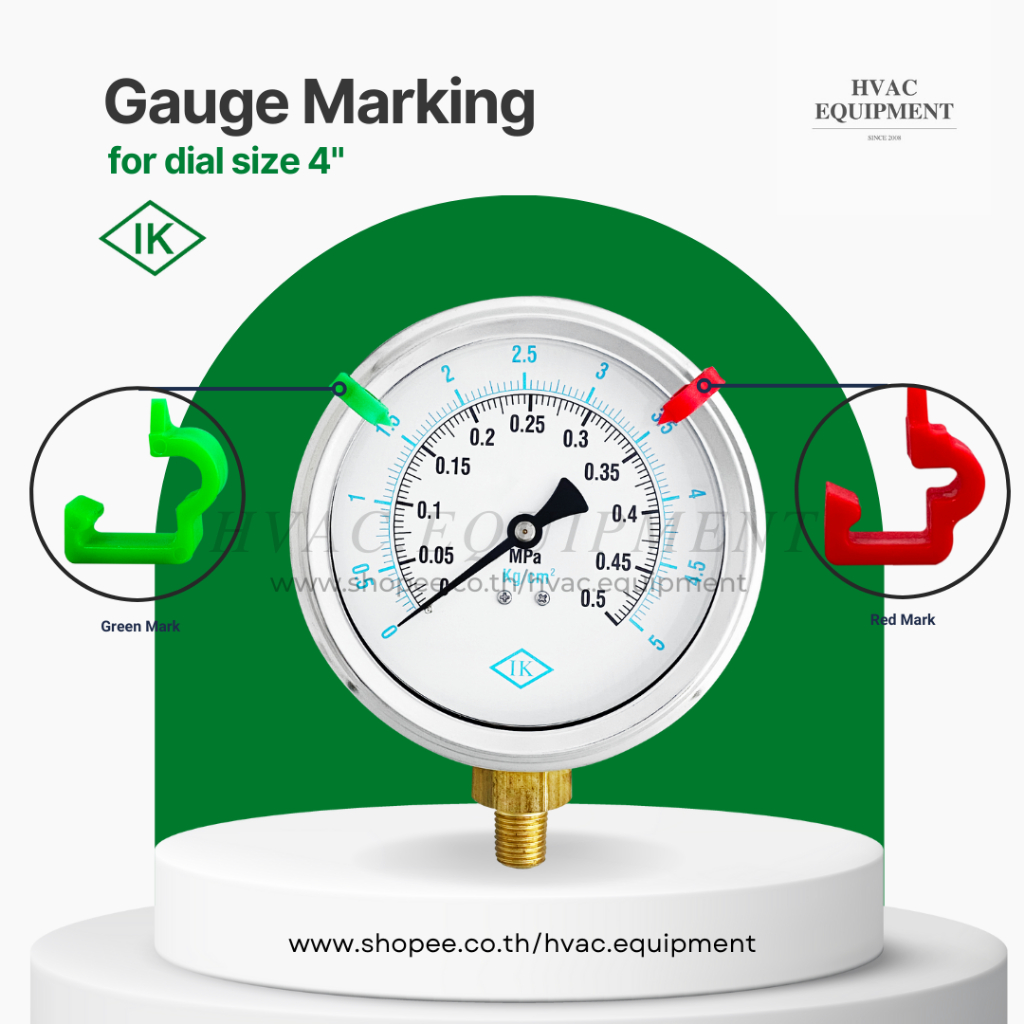Gauge Range Marking (สีเขียวและสีแดง) สำหรับบ่งชี้ช่วงเรนจ์การใช้งานของเกจวัดแรงดัน เหมาะสำหรับเกจวั