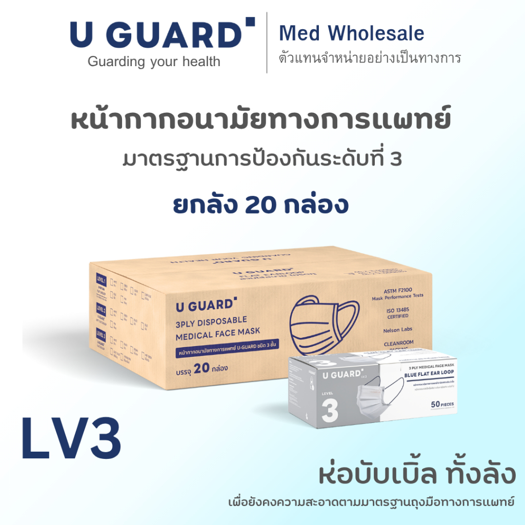 ( ยกลัง 20 กล่อง ) U GUARD MASK หน้ากากอนามัย 3 ชั้น LV.3 สีขาวหูน้ำเงิน