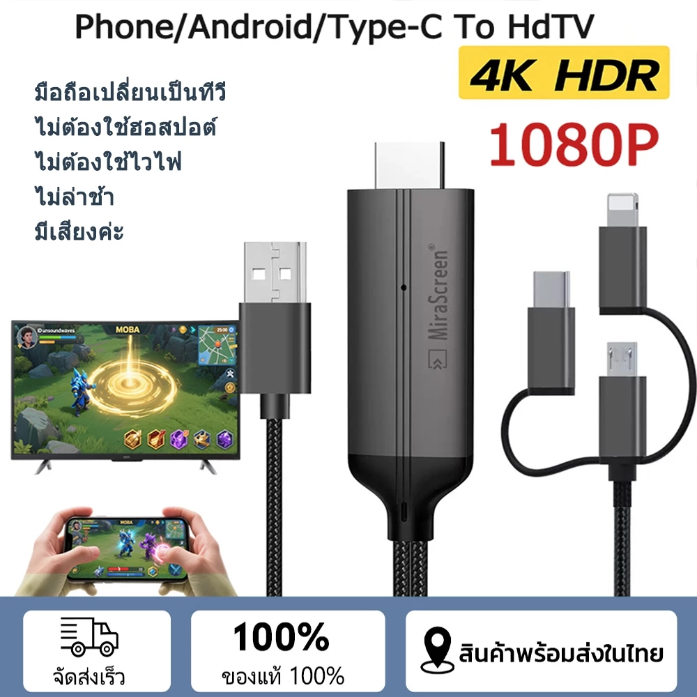 สายต่อโทรศัพท์tv 3in1 สายเคเบิลข้อมูลเหมาะสำหรับ ios/android/type-C แชร์หน้าจอมือถือบนทีวี คอมพิวเตอร ต่อมือถือเข้าtv