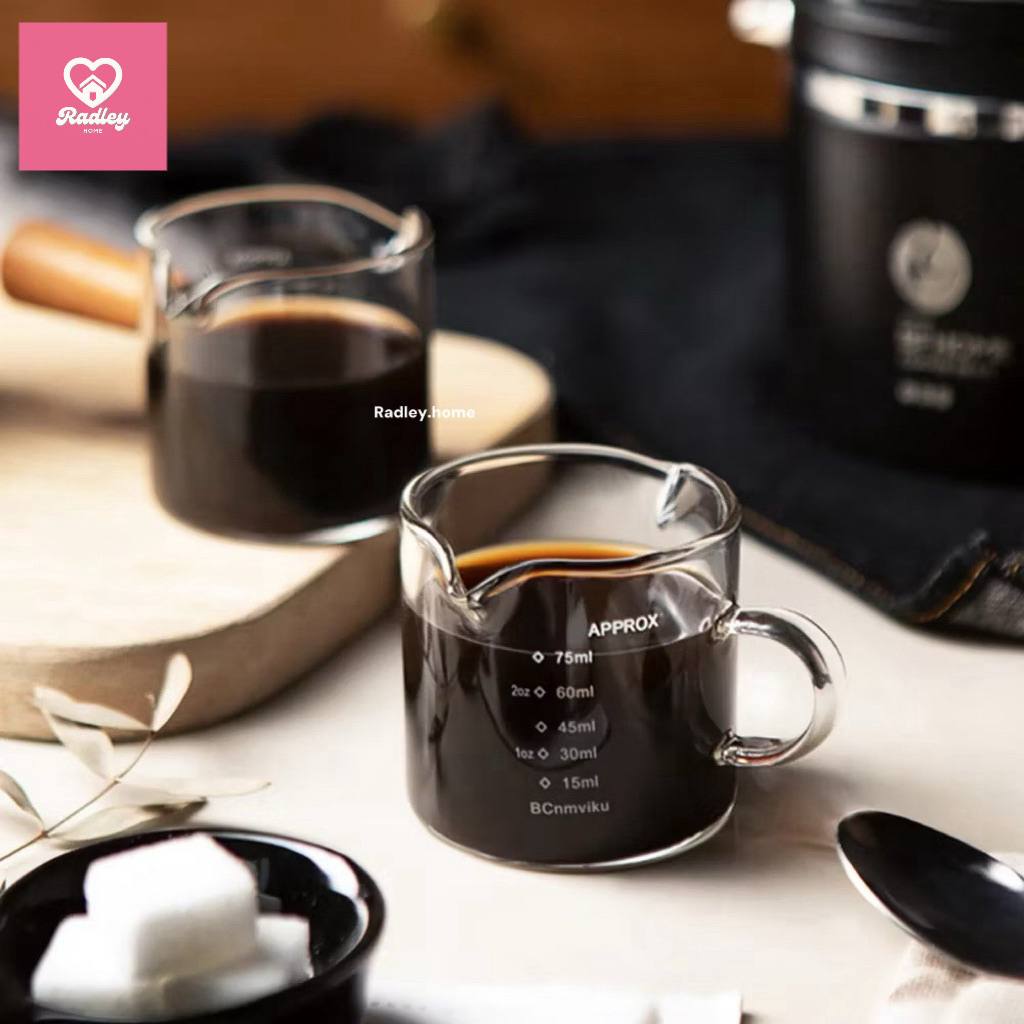 พร้อมส่งจากไทย ถ้วยตวงกาแฟ แก้วตวงปาก 2 ด้าน ขนาด 100ml.(75ml. single scale) ถ้วยตวงมีด้ามจับไม้