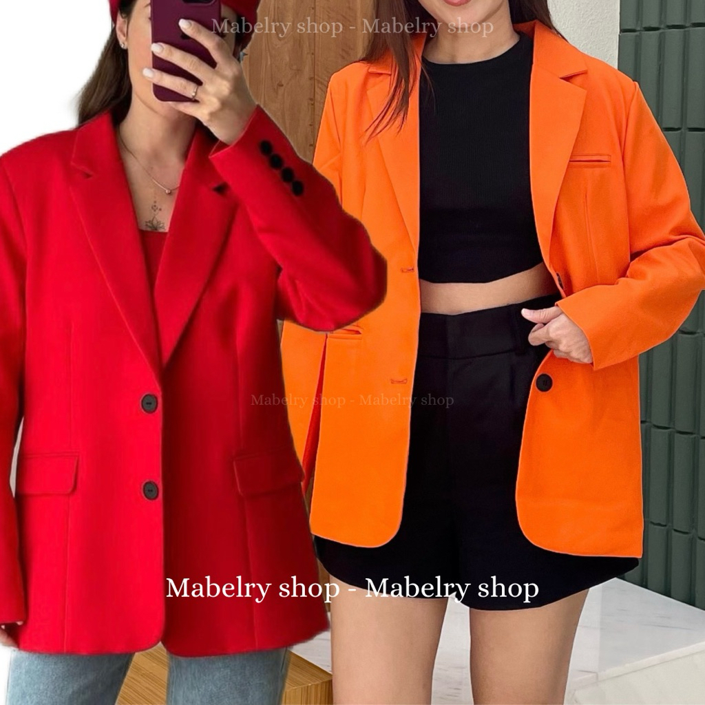 Bright Blazer - สูทสีส้ม สูทสีแดง ทรงบอย อก32-42 สูทแขนยาวสีส้ม/แดง เสื้อคลุมสไตล์เกาหลีสีสด ขับผิว