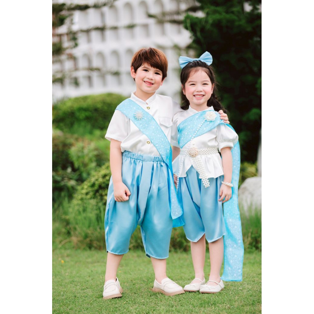 ชุดไทยเด็กหญิงและชาย3ชิ้น ชุดคู่พี่น้อง เจ้าฟ้า วันแม่ งานขาวดำ งานพิธี