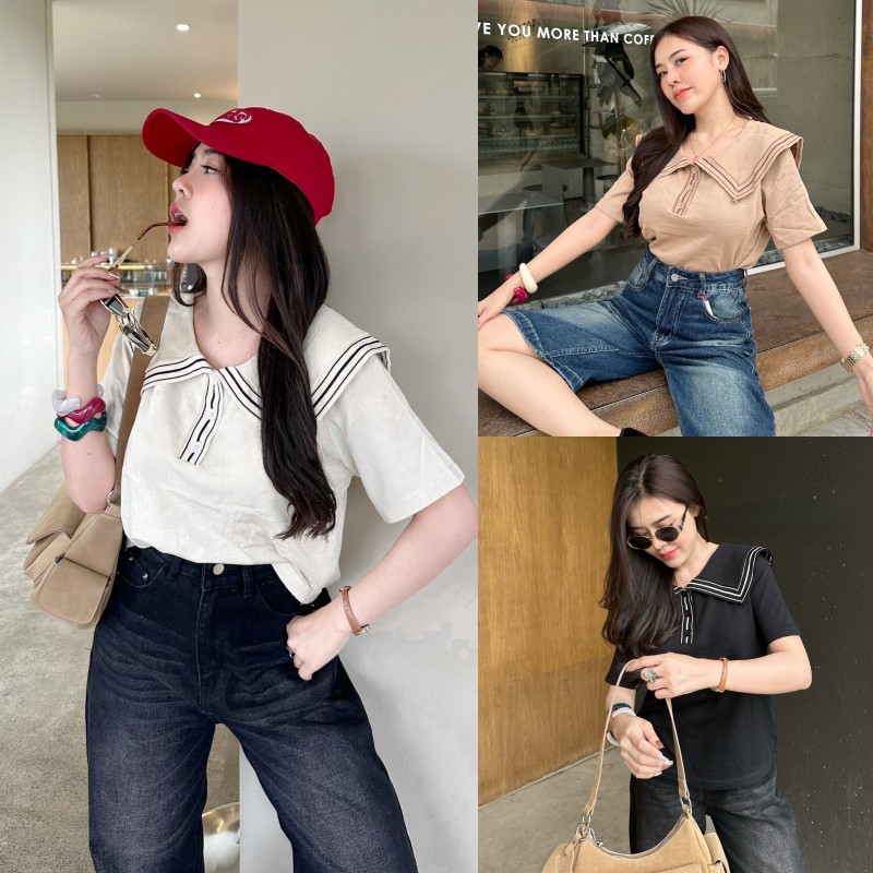 เสื้อคอโปโล กระดุมแต่ง ปกคอลายทางแต่งแถบ ผ้าไหมพรม ผ้ายืดหยุ่นตามตัว เรียบหรูดูแพงสุด รุ่น ดราม่า