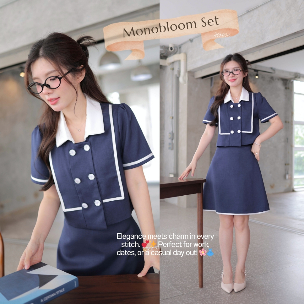 "Romi"Oil" Monobloom Set (Navy) K239 ชุดเซ็ตสีกรม (เสื้อ+กระโปรงสั้น)