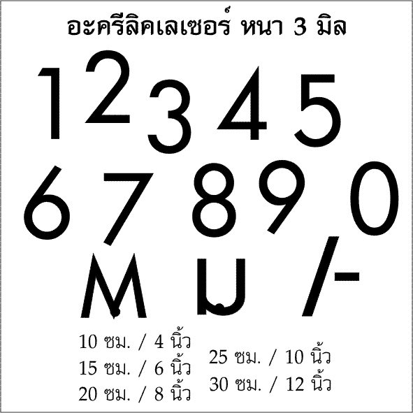 ตัวเลขสูงใหญ 30ซม.(12นิ้ว)  /25ซม.(10นิ้ว)  /20ซม.8นิ้ว)  /15ซม.(6นิ้ว) อะครีลิคเลเซอร์ขา/วดำ KIT DIYหรือทำป้ายบ้านเลขที