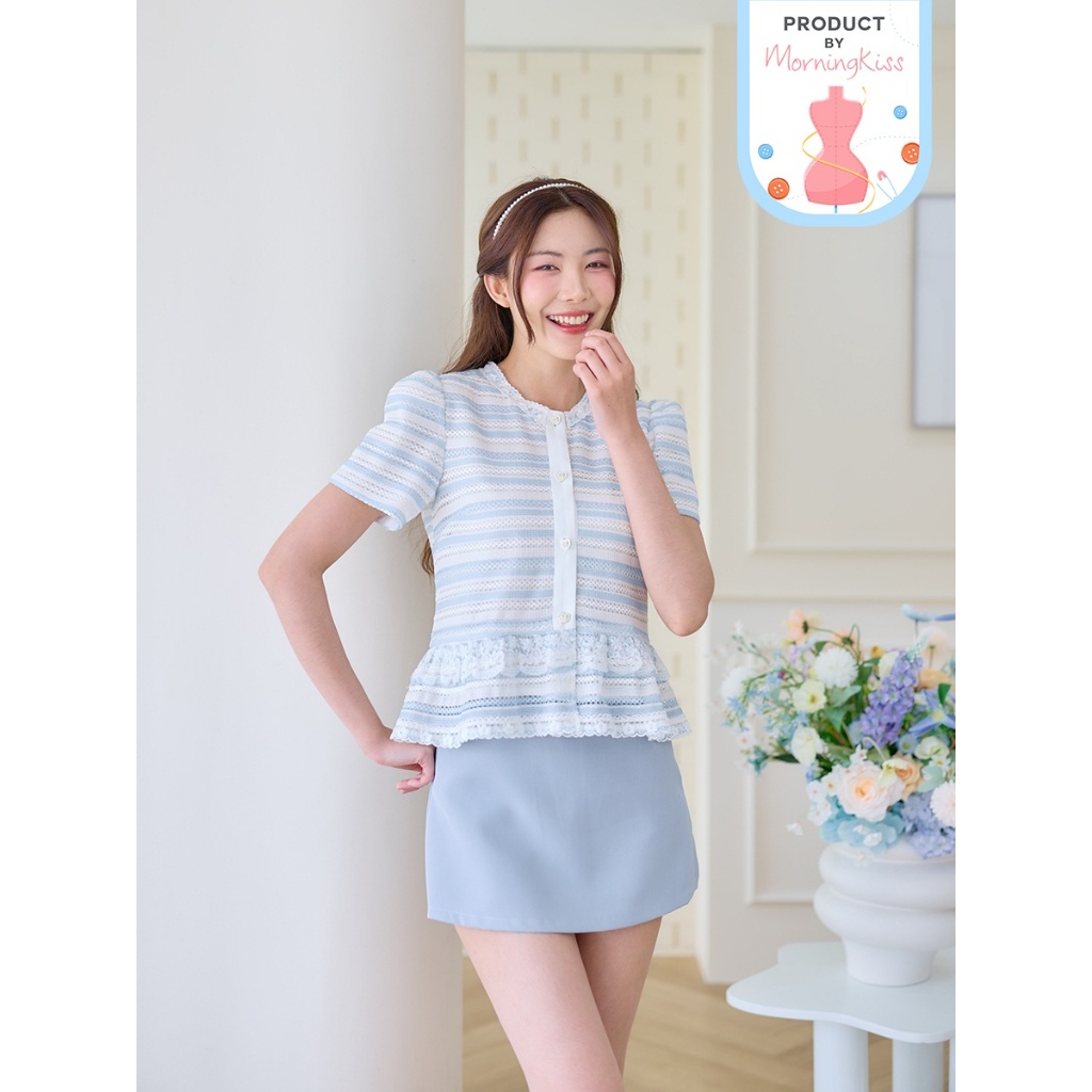 03-358 เสื้อแขนสั้นคอกลม ผ้าทอลายริ้วสลับสีฟ้า-ขาว Baby Angel Sweet Blouse - 7 ไซส์