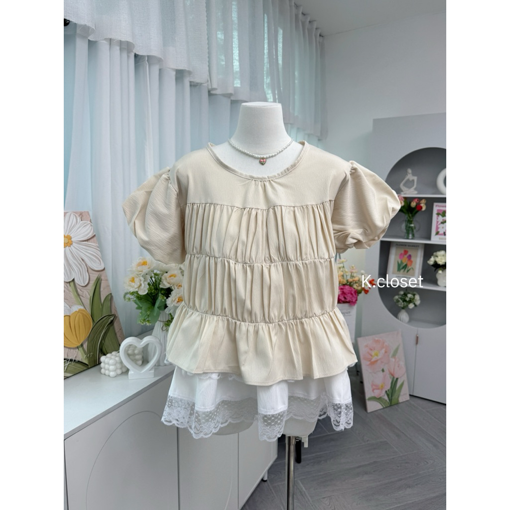 (อก32-38 )เสื้อขนมชั้นคอกลมแขนบอลลูน  ทรงสวยน่ารัก - รูปที่ 4