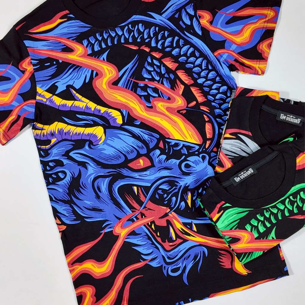 GM DESIGNS - เสื้อยืดคอกลมชาย ลายมังกร เทคนิคอัดฟอยล์ผ้าคอตตอน นุ่มสบาย